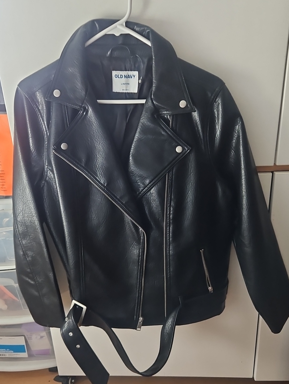Old Navy Black Faux Leather Biker Jacket with Belt